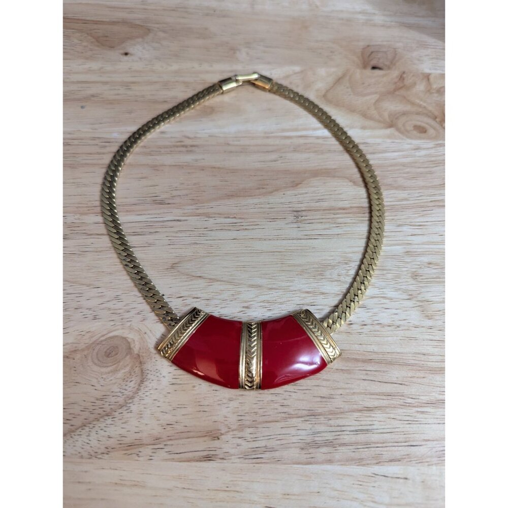 Vintage‎ retro Red enamel wide gold tone choker necklace herringbone style